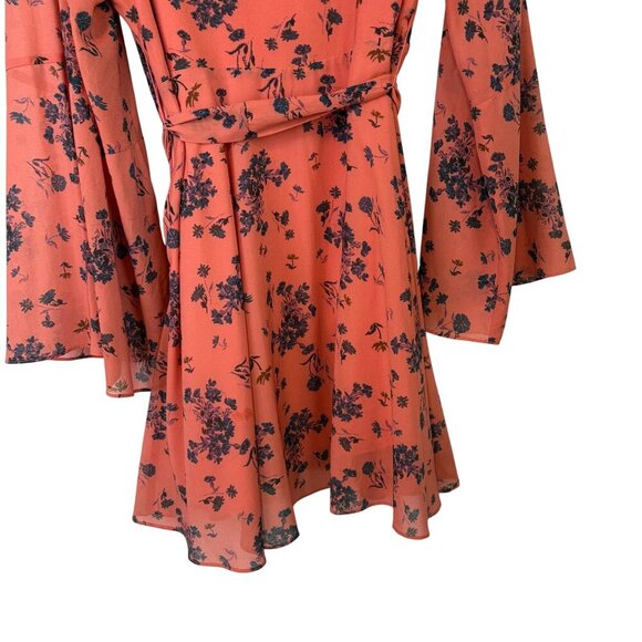 Free People Bohemian Coral Floral Faux Wrap Dress With Bell Sleeves Size L - Picture 10 of 10